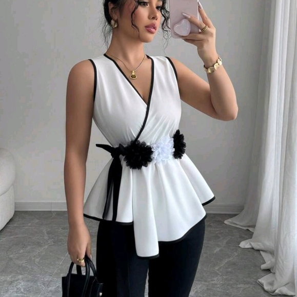 Tops - Women's Sleeveless Elegant Blouse With Waist Belt And 3D Flower Design